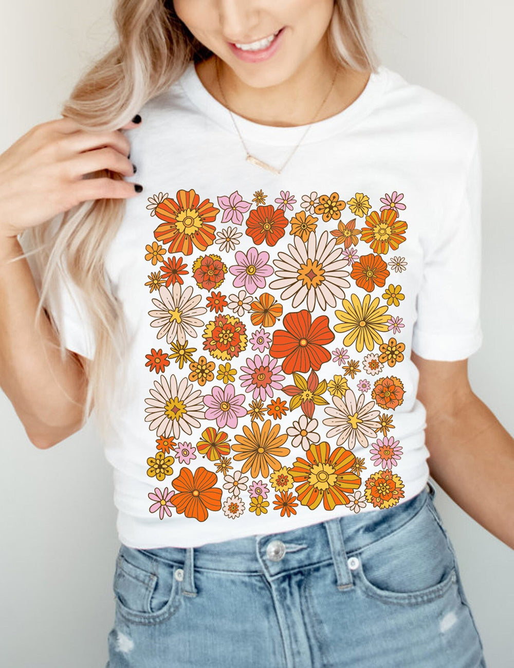 Basic-T-Shirt mit Retro-Blumenmuster