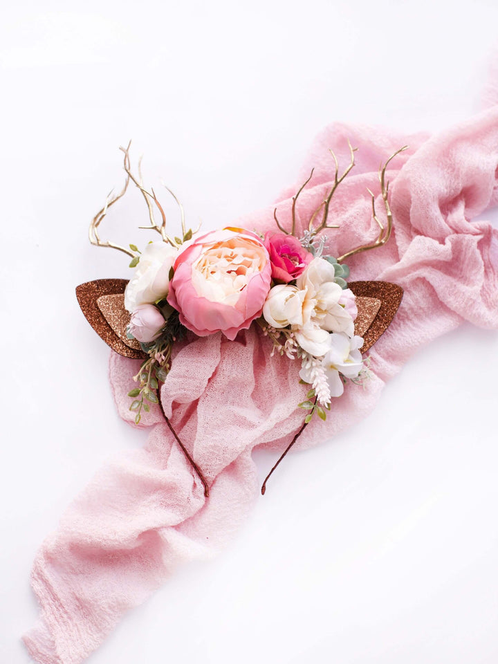 Fascia per capelli con renna natalizia - Colore sorbetto con fiori rosa