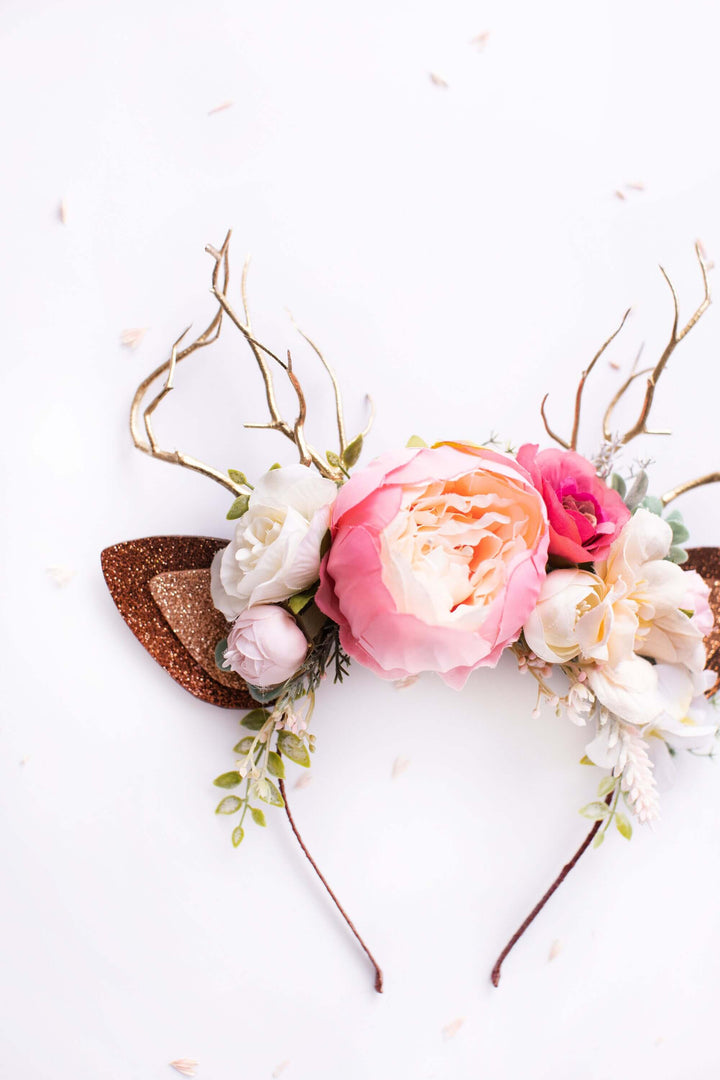 Weihnachts-Rentier-Stirnband – rosa Blumen, Sorbet-Farbe