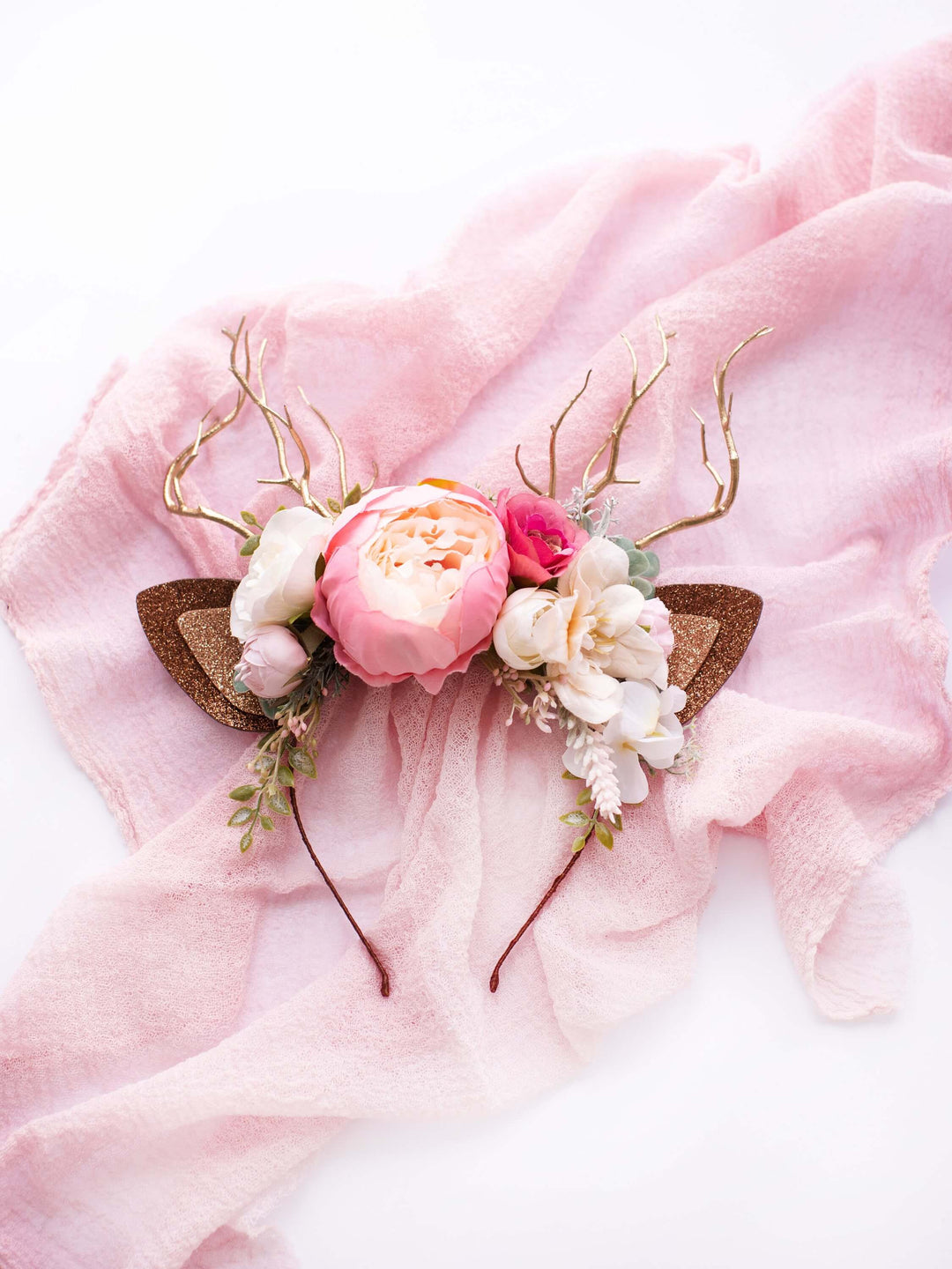 Weihnachts-Rentier-Stirnband – rosa Blumen, Sorbet-Farbe