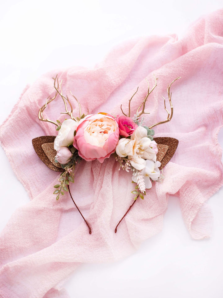 Fascia per capelli con renna natalizia - Colore sorbetto con fiori rosa