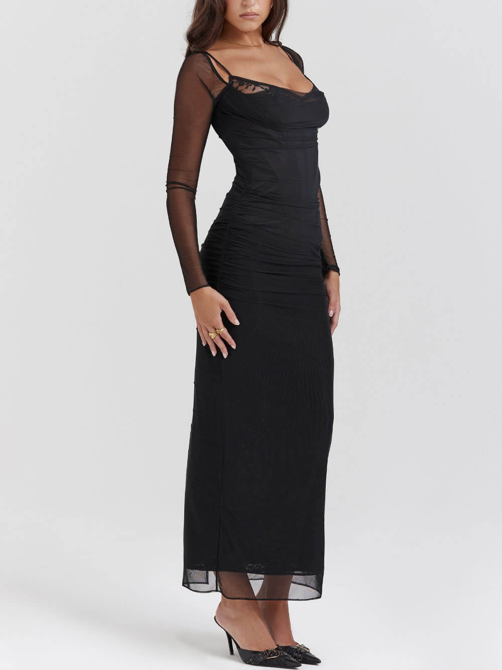 Siyah Sırtı Açık Bodycon Askılı Maxi Elbise