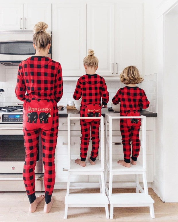 Schattige beerpatroon geruite rompertjes Kerstfamilie bijpassende pyjamaset (met hondenkleding)