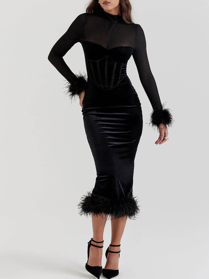Siyah Kadife Midi Elbise