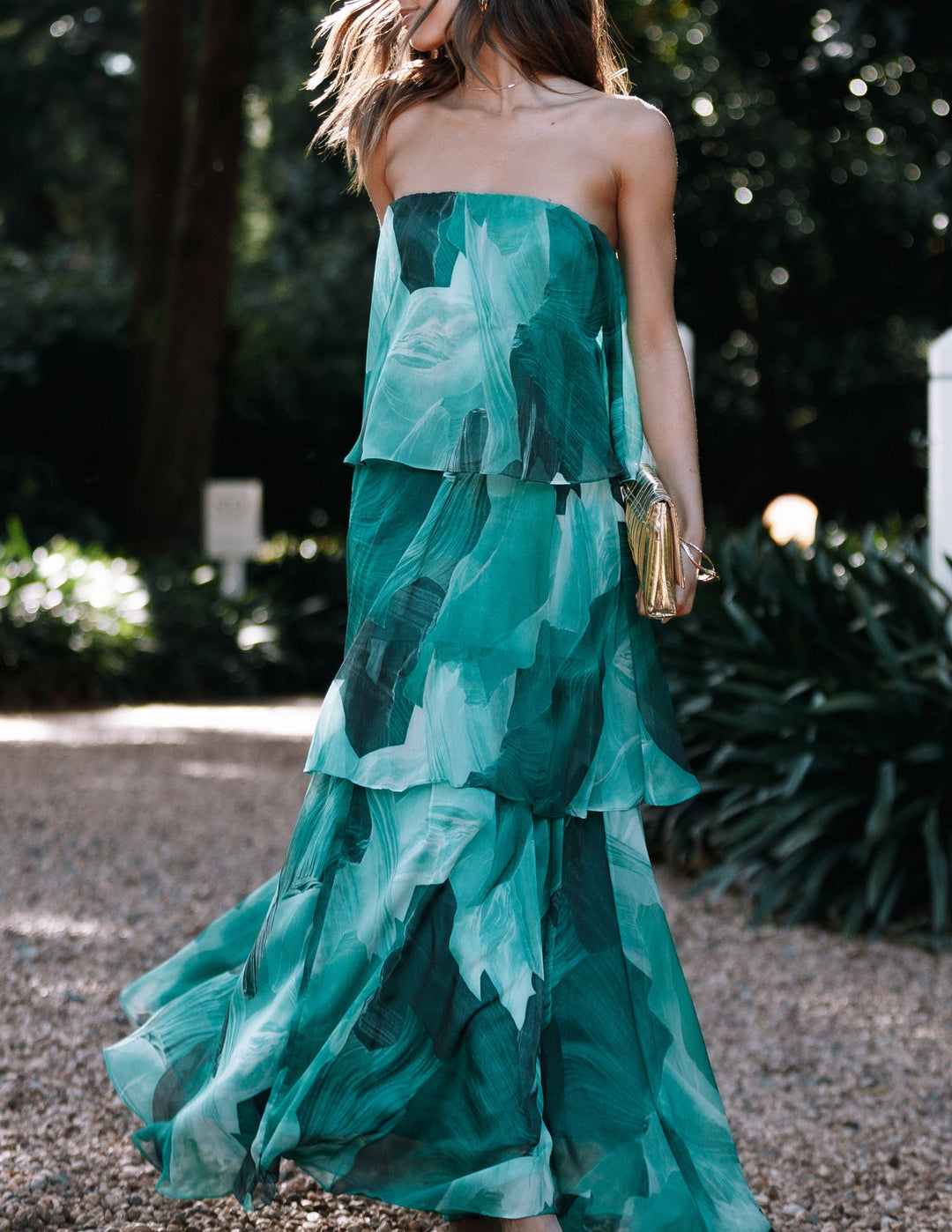 Calista Green Bloom Strapless Tiered Maxi Kleed