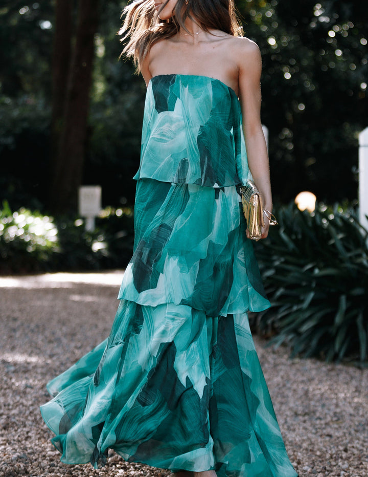 Μάξι φόρεμα Calista Green Bloom Στράπλες